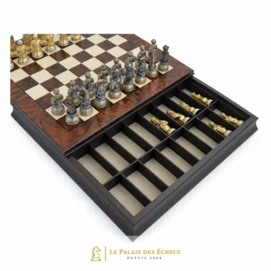 Chess board in walnut and maple wood with open storage drawer for the pieces