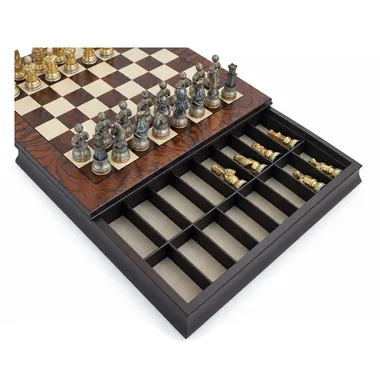 Chess board in walnut and maple wood with open storage drawer for the pieces