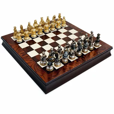 Medieval Chess Set and Walnut and Maple Wood Chess Board with Storage Compartment