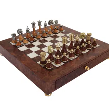 Freestanding Elm and Briar Wood Chess Board with Storage Drawer and Wood and Brass Staunton Chess Pieces