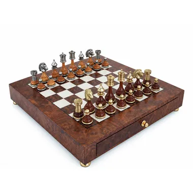 Chess board on stand in elm and briar wood with drawer and Staunton pieces