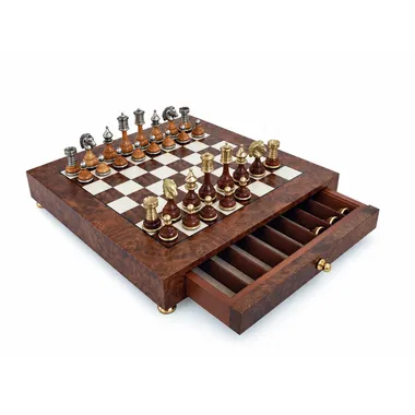Open storage drawer showing compartments for the Staunton chess pieces