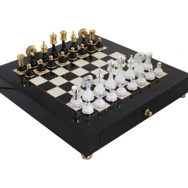 Black and White Wooden Pedestal Chess Board with Brass and Black and White Wood Chess Pieces