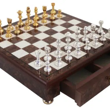 Staunton Chess Pieces in Gold and Silver-Plated Brass with Wooden Chess Board on Stand with Storage Drawer