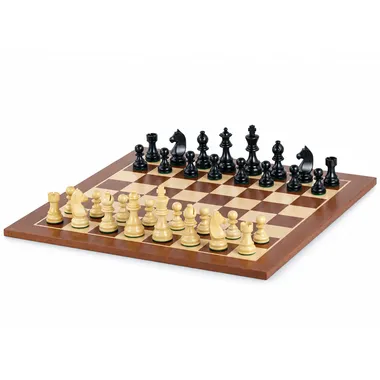 Staunton chess set in ebony and boxwood on mahogany chess board, overall view