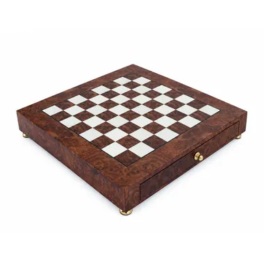 Chess board on wooden stand with closed drawer, front overview