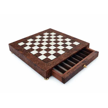 Chess board on wooden stand with open storage drawer, angled view
