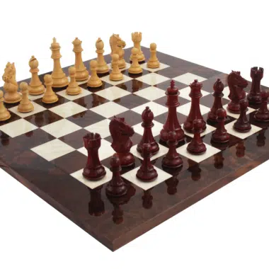 Rosewood Root Chess Pieces and Chess Board in Walnut and Lacquered Briar Wood
