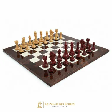 Complete chess set: rosewood burr pieces and lacquered walnut chessboard