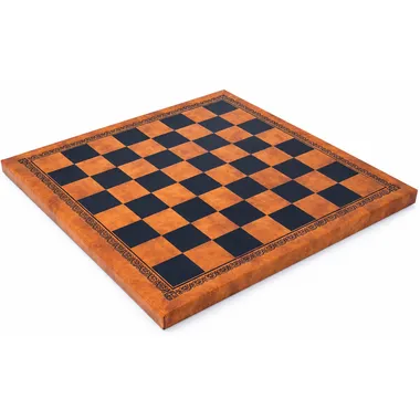 Chessboard in brown and black faux leather, engraved decorative border