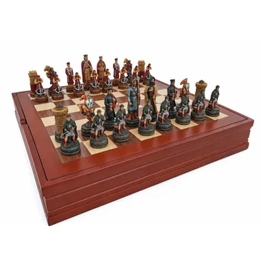 Camelot set: painted resin pieces on wooden chess board with storage box