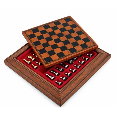 Open wooden box showing the red storage compartment for the pieces