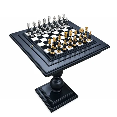 Gold and Silver Plated Brass Chess Set and Wood and Marble Chess Table