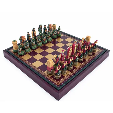 Camelot set: red and gold faux leather chess board with hand-painted pieces
