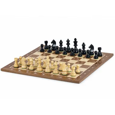Complete chess set in boxwood on an alphanumeric chess board, pieces set up