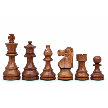 French Staunton chess pieces, knight and rook in dark acacia, close-up view
