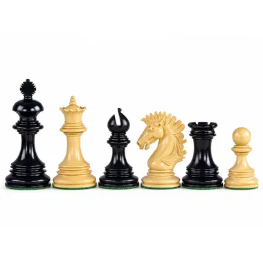 Chess pieces in light boxwood and ebony, queen, bishop, knight and rook