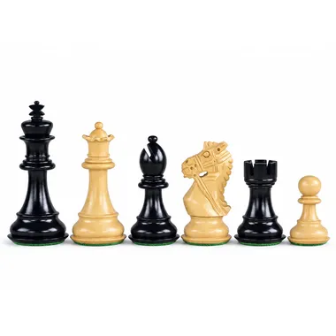Chess pieces in boxwood and ebonised boxwood, knight and rook shown in detail