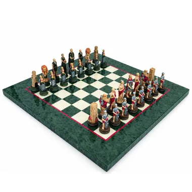 Romans vs Gladiators chess set arranged on a green and cream chessboard