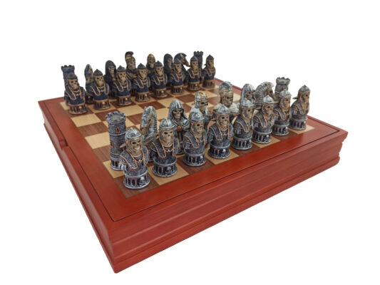Skeleton Bust Resin Chess Set and Walnut and Maple Chess Board with Storage