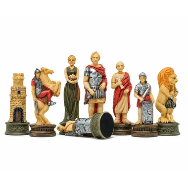 Detailed Roman chess pieces: rook, knight, queen, king and lion