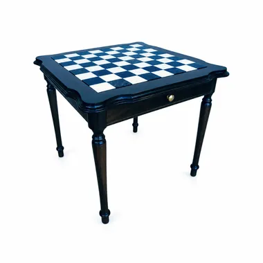 Black Lacquered Tilia Wood Chess Table with Carrara Marble Top and Double Storage Drawer
