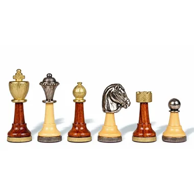 Gold and silver chess pieces with detailed relief-carved knight