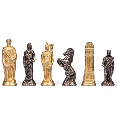 Gold and silver chess pieces depicting soldiers, horse and barbarian tower