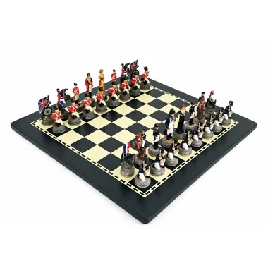 Battle of Waterloo chess set hand-painted on a black and ivory wooden chess board