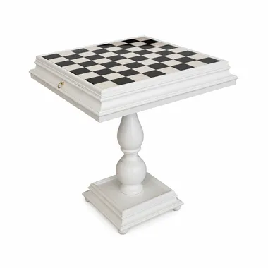 White Lacquered Tilia Wood Chess Table with Carrara Marble Top and Double Storage Drawer