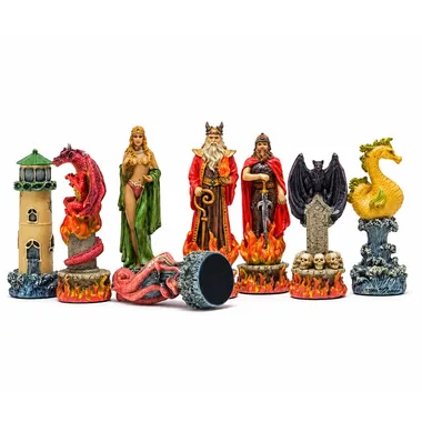 Water vs Fire themed chess pieces with dragons and fantasy characters