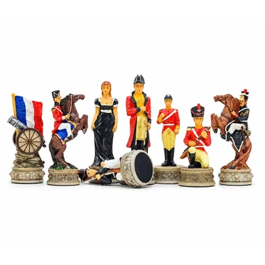 Battle of Waterloo chess pieces depicting soldiers, horsemen and a gowned lady
