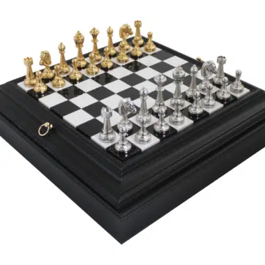 Gold and Silver-Plated Metal Chess Set with Black and White Lacquered Wood Chess Board and Marble Playing Surface