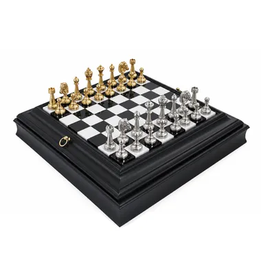 Complete chess set with gold and silver pieces on black and white board, marbled storage box