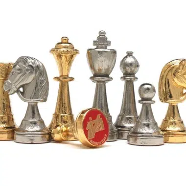 Alternative view of Gold and Silver-Plated Metal Chess Set with Black and White Lacquered Wood Chess Board and Marble Playing Surface