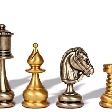 Alternative view of Solid Brass Chess Set with Elm and Burr Wood Chess Board in Glossy Finish