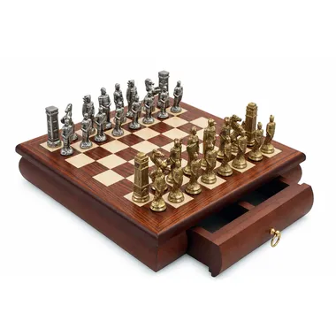 Complete Romans versus Barbarians chess set on rosewood board with drawer