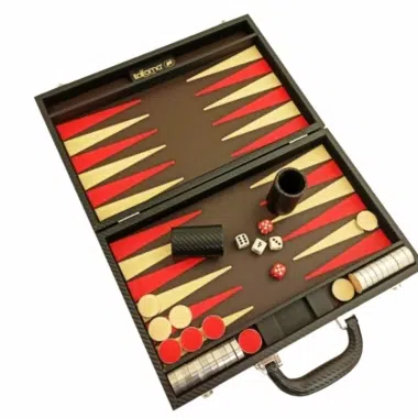 Folding Backgammon Set in Black and Red Faux Leather