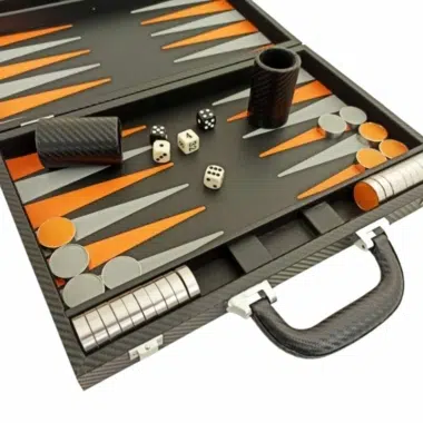 Folding Backgammon Set in Black and Orange Faux Leather