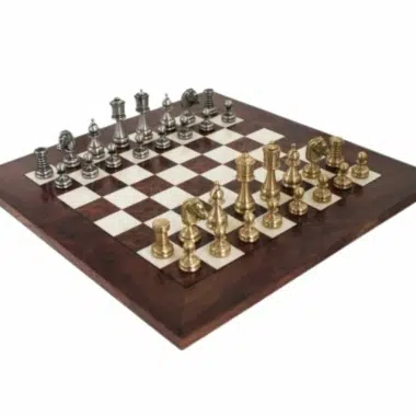 Solid Brass Chess Set with Elm and Burr Wood Chess Board in Glossy Finish