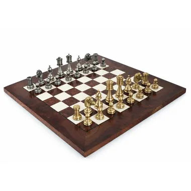 Solid brass chess set arranged on an elm wood chessboard