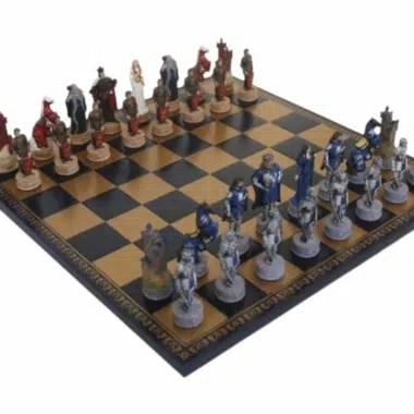 King Arthur Resin Chess Set with Blue Faux Leather Chess Board