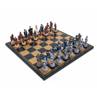 King Arthur resin chess set on blue faux leather chess board