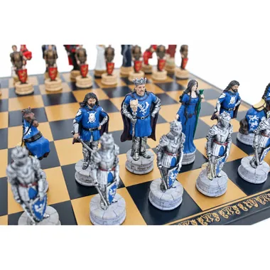 Close-up of blue King Arthur pieces, king, queen and knights on the board