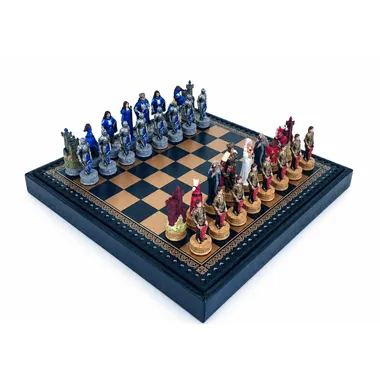 King Arthur resin chess set on faux leather board with storage box