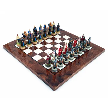 Complete chess set Russians vs Mongols on lacquered wooden chessboard