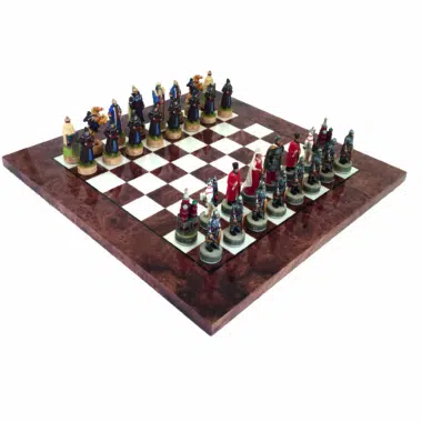 Russian VS Mongolian Chess Set and Lacquered Elm and Briar Wood Chess Board
