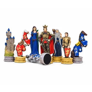 Detailed King Arthur chess pieces: king, queen, knight, wizard and caparisoned horses