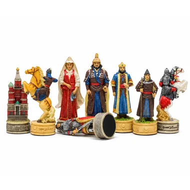 Detailed Russian chess pieces: tsarina, warriors and Kremlin tower