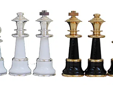 Giant Staunton Chess Pieces in Wood and Gold- and Silver-Plated Brass